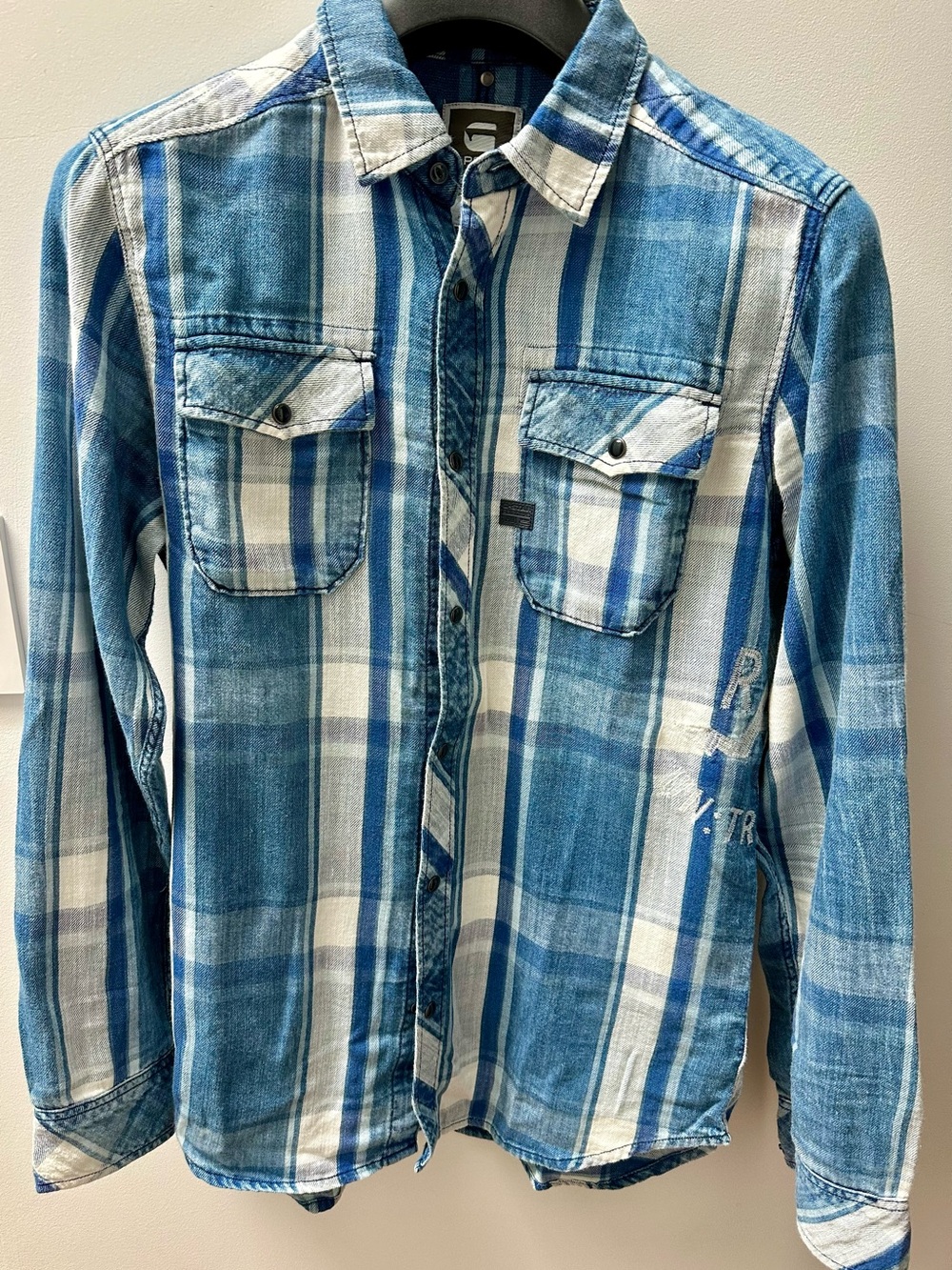 G-Star Blue and White Plaid Button-Down Shirt